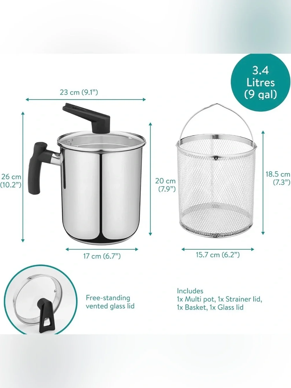 New Navaris 3.4L Multi Cooking Pasta Pot w Integrated Strainer & Frying Basket